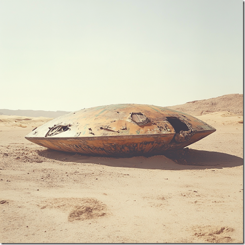 UFO wreckage in the desert. --v 6.1 Job ID: 2f5be3f4-b794-447a-8c15-32085b5d7e30