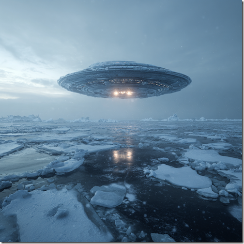 UFO flying over a frigid, icy sea. --v 7 Job ID: 5227e3c7-501c-4123-b2d9-427dcb1e69e6