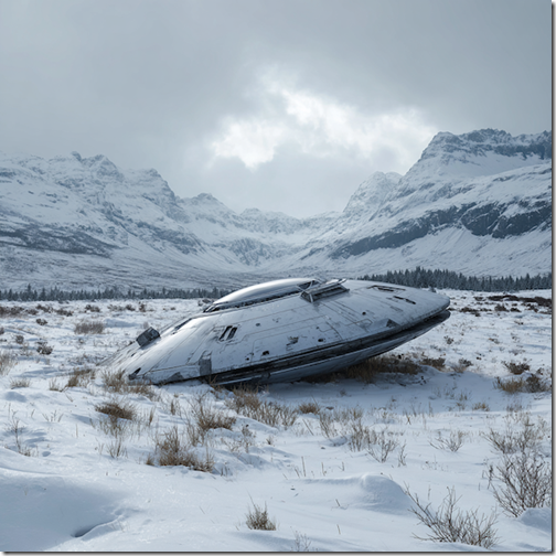 UFO crashed on a snowy wilderness. --v 7 Job ID: 40e3d996-fced-4043-8b3d-5d0a95258d62