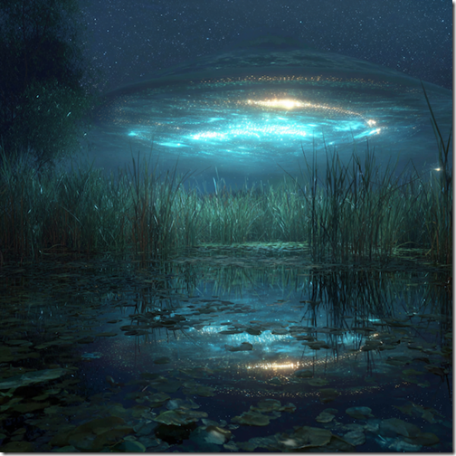 UFO glowing underwater in a pond. --v 7 Job ID: 4c41e012-3214-4b8d-957b-b91791e6bbaf