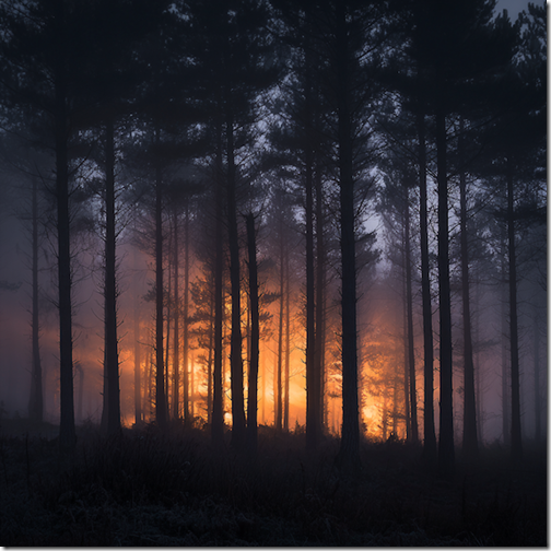 An eerie glow behind a stand of trees in a forest. --v 7 Job ID: 52a4c226-e005-406b-92a1-8d2d7bf53de9