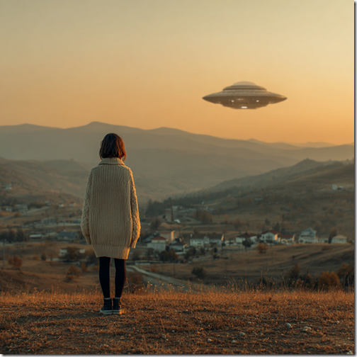 A woman stands on a hill looking at a UFO. --v 7 Job ID: da28ccfc-c601-43c3-8a88-ff3c9a88345c