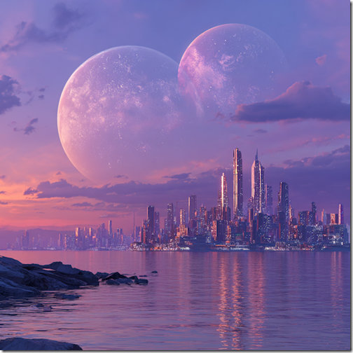 Futuristic city on an alien world with two moons in the sky. --v 7 Job ID: 28f0f7b2-2a2b-4e34-943d-ca4980c6fb04