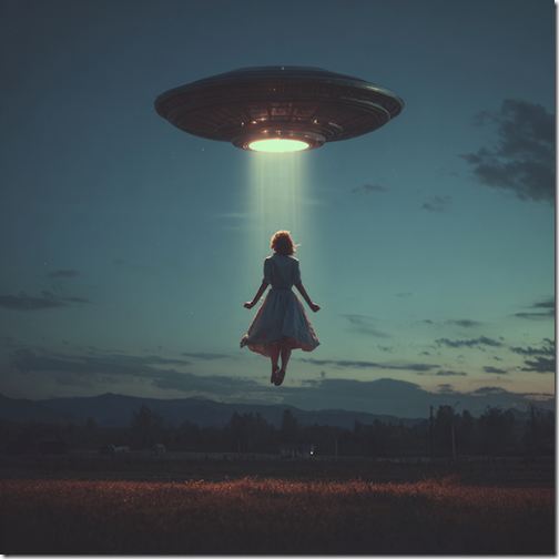 A woman is floating up into the air towards a UFO. --v 7 Job ID: fee22894-c335-45f2-8db9-eddab46fde02