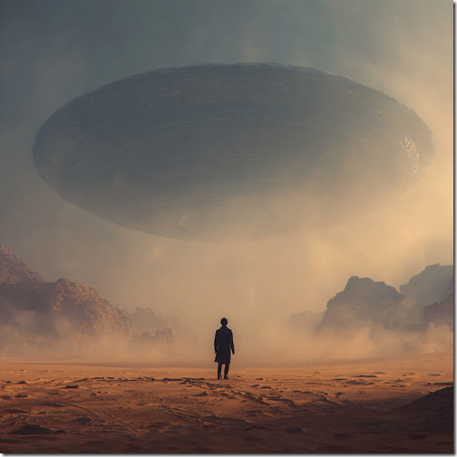 A man stands in a desert looking up at a UFO. --v 7 Job ID: 072d36ed-b008-4c73-a933-7e2b327802e1