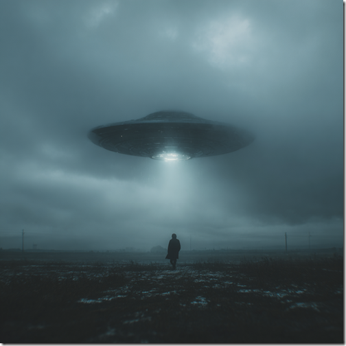 A man floats up towards a UFO in the sky. --v 7 Job ID: ba3bdfc8-3d6d-4135-ac63-976d0ba4dcdb
