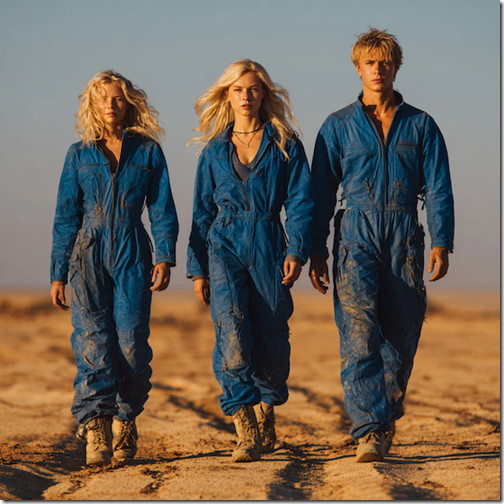 A trio of blonde people in blue jumpsuits walks through the desert. --v 7 Job ID: 8fe5b7e3-8f23-43c8-8f30-a059a760eb95