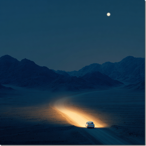 A car drives along a desert road at night. --v 7 Job ID: d38b0a1e-e7b3-41a3-9b17-e2f581afa200