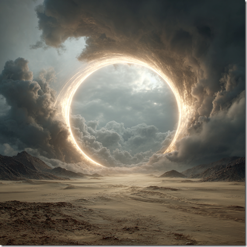 A swirling portal of light hovers over a desert landscape --v 7 Job ID: c6b3e636-213f-4b3d-bed5-f75f68a5d730