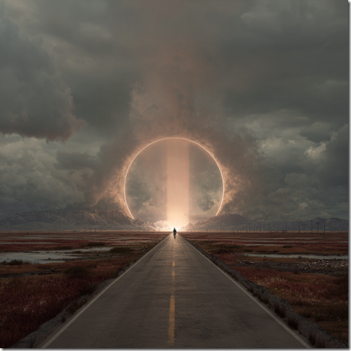 A road leads off to a strange portal of light in the distance. --v 7 Job ID: 67b8b1b7-f2d0-46e5-b48e-f76e4b6cba16