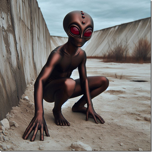 A person dressed as an alien with a large head, bumps on the head, red eyes, crouched against a wall