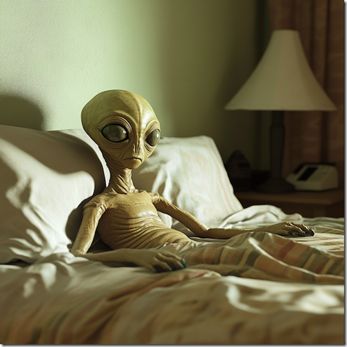 An alien lying in bed. --v 6.1 Job ID: 02e00327-fc53-4d9c-b034-ac573c9e5870