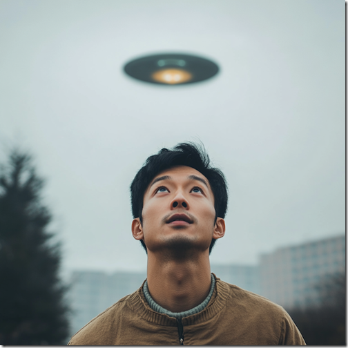 An asian man looks up to a UFO in the sky. --v 6.1 Job ID: 3fb426a7-e216-4ea4-9439-fe0a14b83f6d